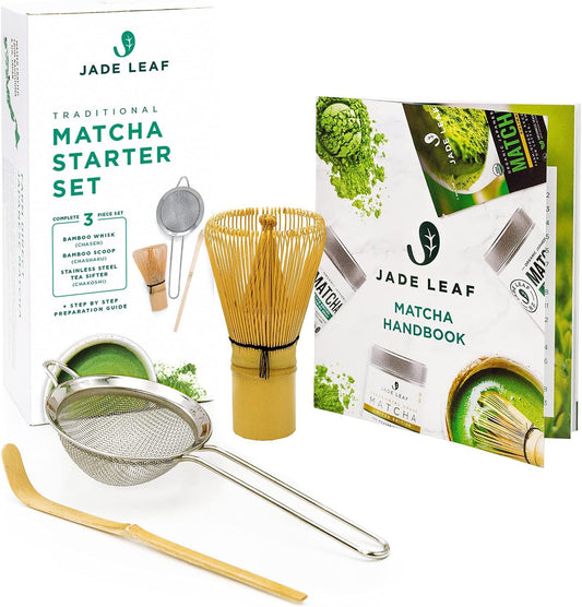 Jade Leaf Matcha - Traditional Starter Set - Japanese Matcha Gift Set Includes: Bamboo Whisk (Chasen), Scoop (Chashaku), Stainless Steel Sifter, Fully Printed Handbook