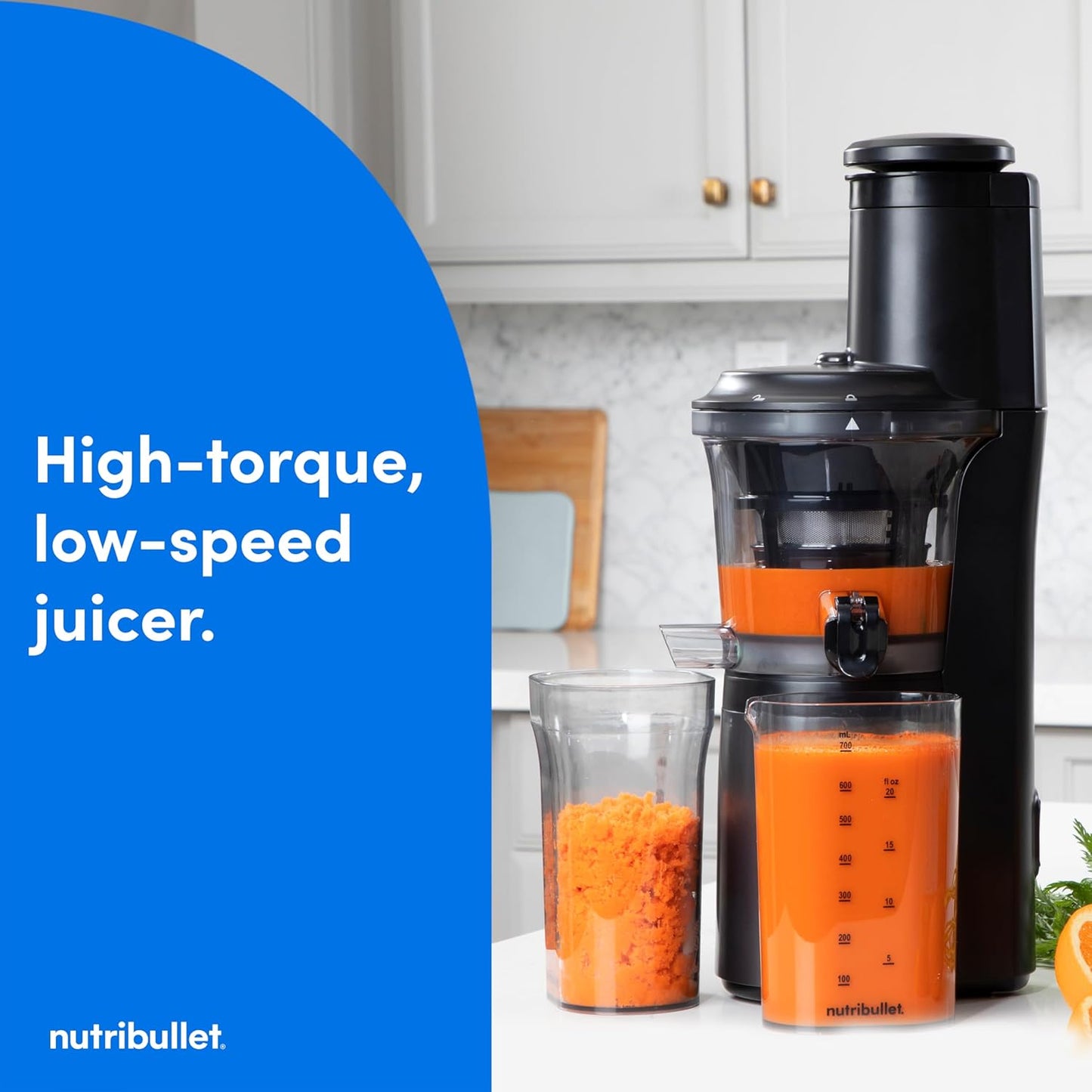 nutribullet Slow Juicer, Slow Masticating Juicer Machine, Easy to Clean, Quiet Motor & Reverse Function, BPA-Free, Cold Press Juicer with Brush, 150 Watts, Charcoal Black, NBJ50300, 24-oz