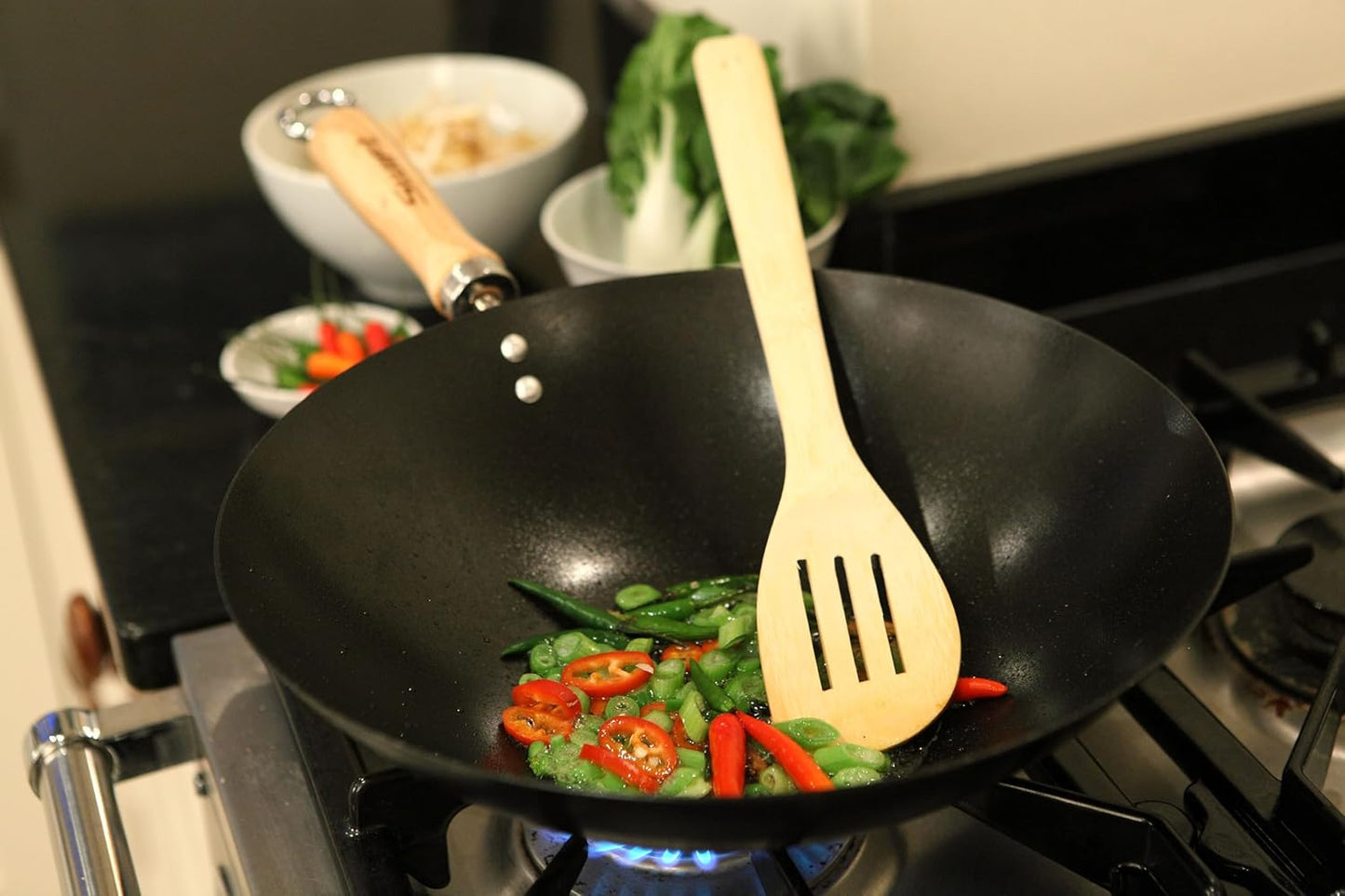 Dexam 12108411 Non Stick Carbon Steel Wok With Wood Handle 27cm/10.5 -inch, Black (Non-stick Coating)