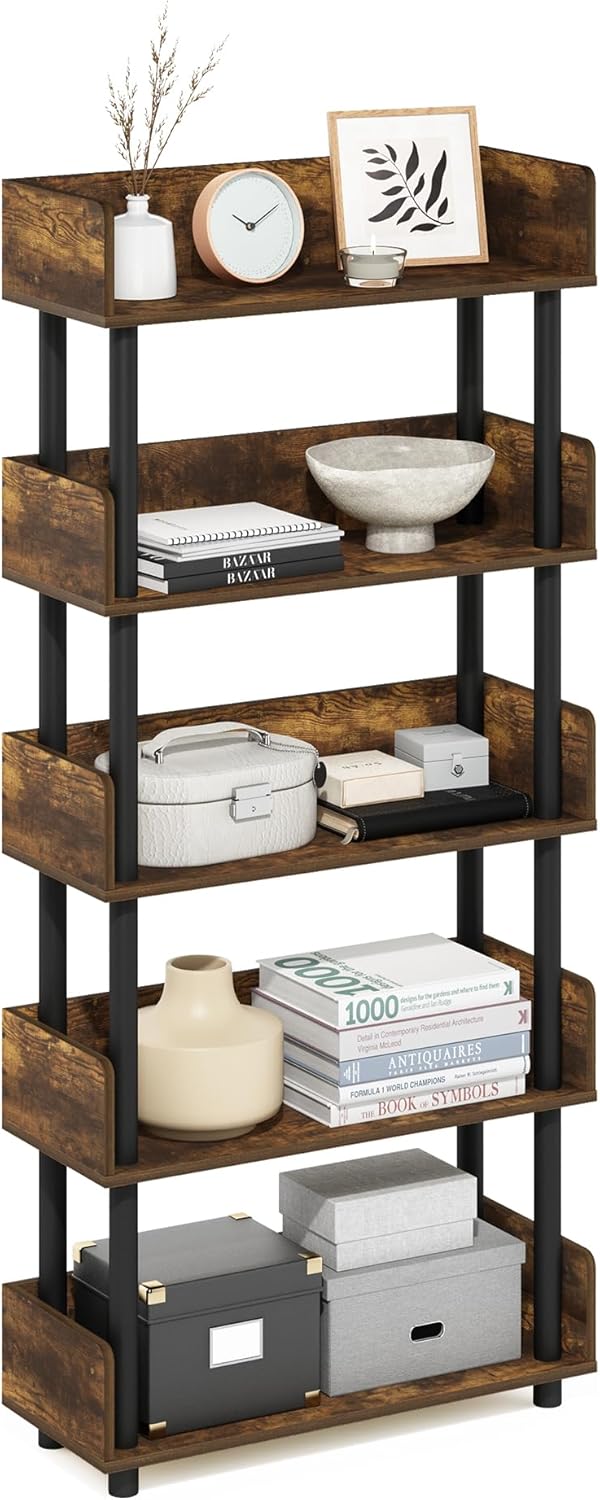 Furinno TURN-N-TUBE 5-Tier Display Shelf, Storage Shelves, Book Shelf, Open Shelves with Rounded Corner Top Edges, for Organization and Storage, Living Room, Home Office, Amber Pine