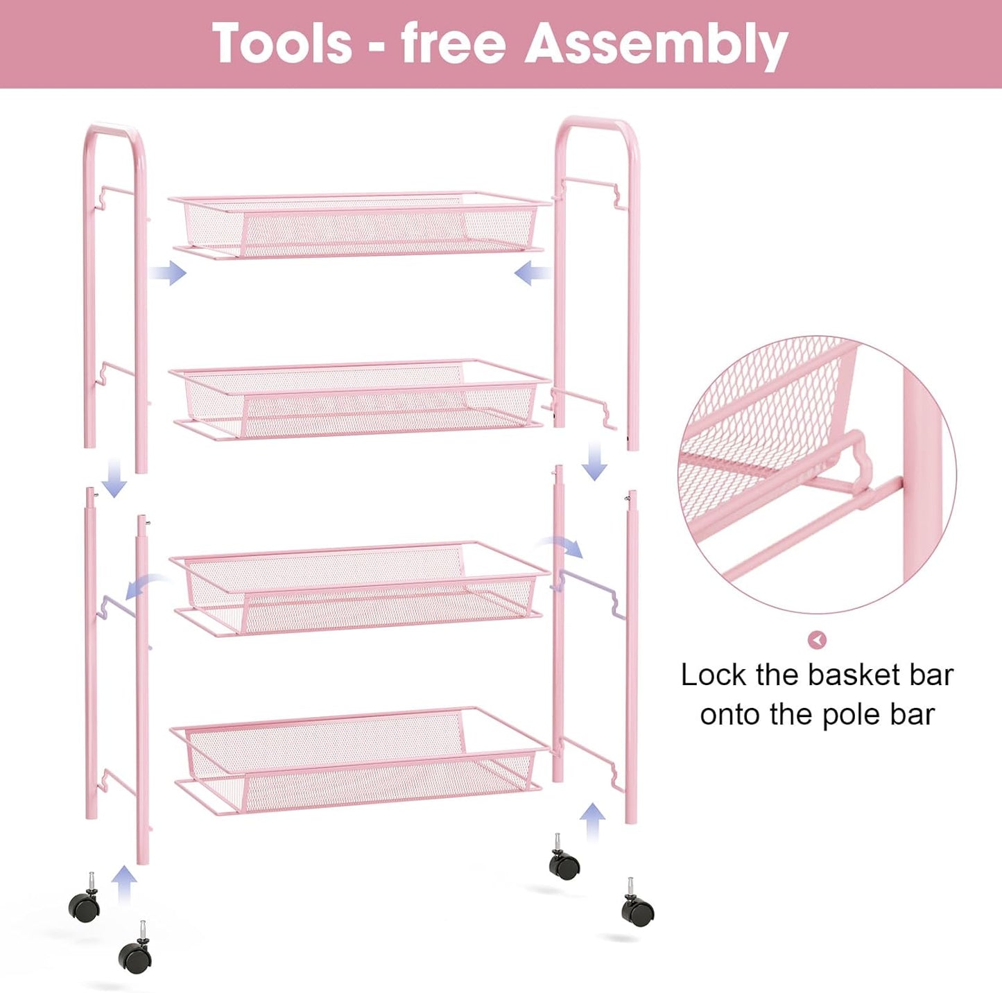 TOOLF 4 Tier Rolling Utility Cart - Durable Metal Design Pink Utility Cart, Storage Trolley on Wheels with 3 Hooks, Perfect for Kitchen, Bathroom & Laundry Room Organization