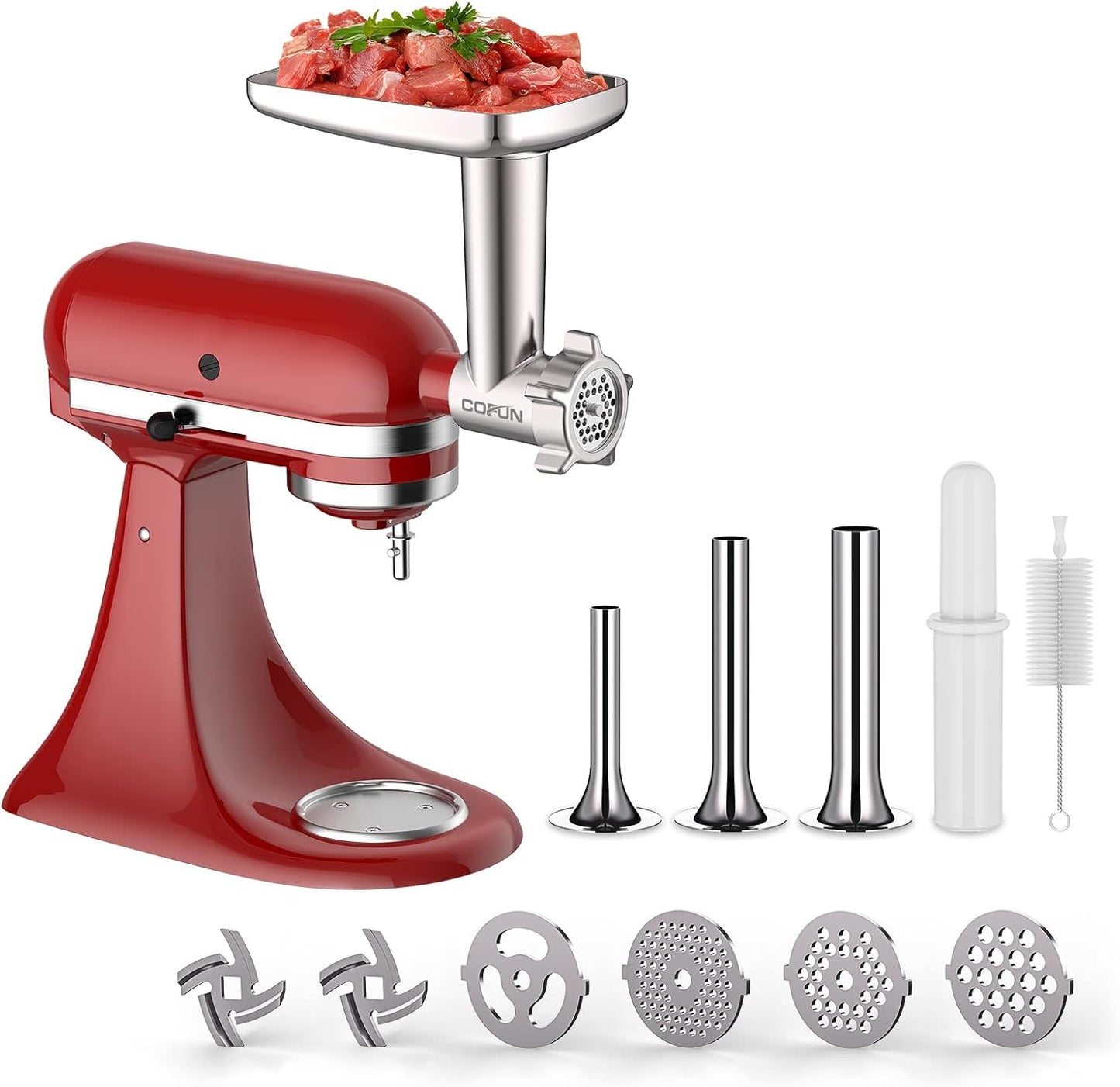 Metal Meat Grinder Attachment for KitchenAid Stand Mixers, Food Grinder Attachment Includes 4 Grinding Plates, 3 Sausage Stuffer Tubes, 2 Grinding Blades, Grinder and Sausage Stuffer by COFUN
