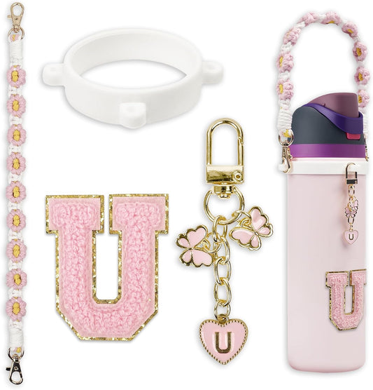 Cute Letter Charm Set Compatible with Owala Water Bottle 24 oz, 32 oz, 40 oz, Owala Kids, Owala Coffee Tumbler, Owala FreeSip – Includes Handle Strap, for Owala Accessories & Stanley Cup Accessories