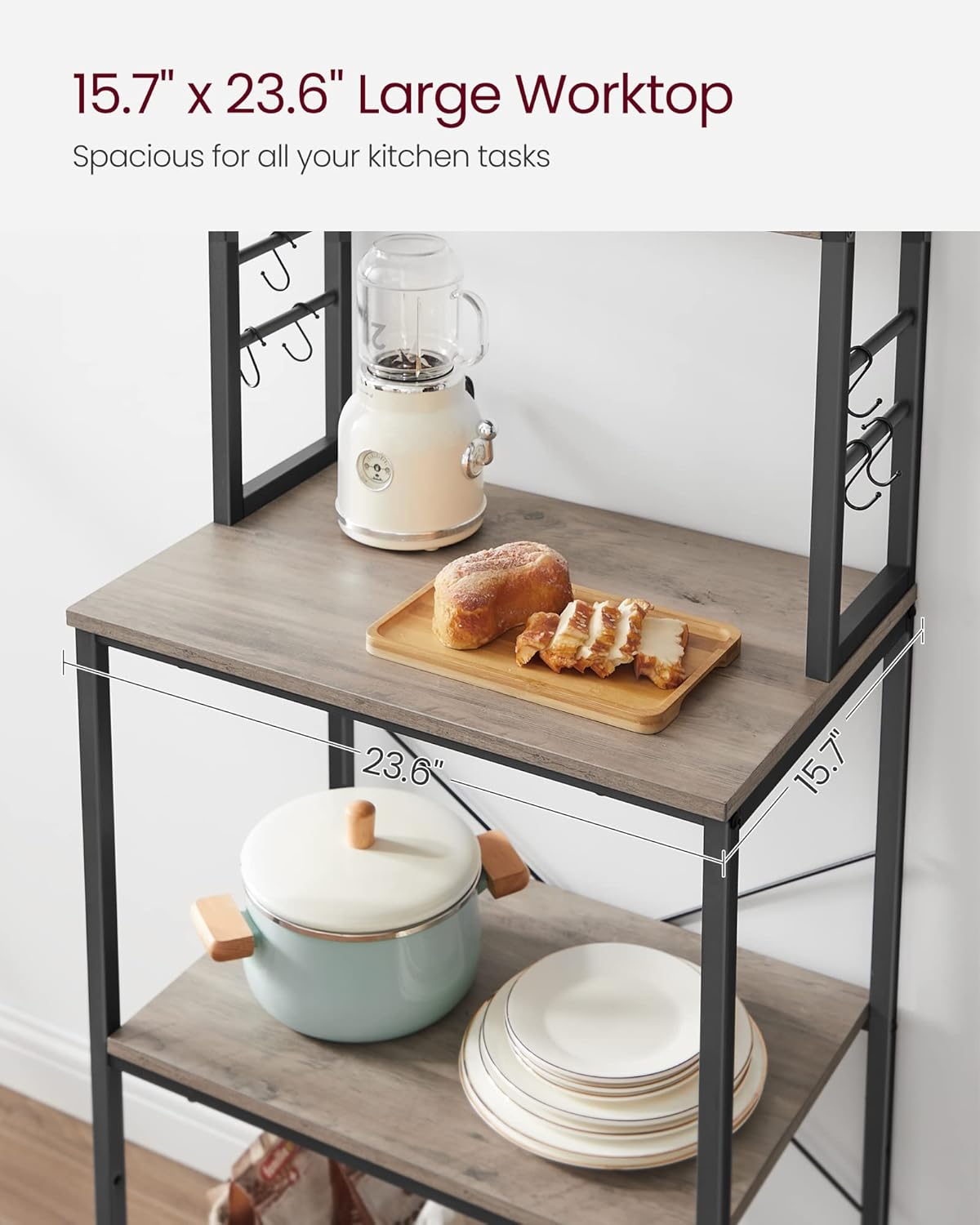 VASAGLE Coffee Bar, Baker’s Rack for Kitchen with Storage, 6-Tier Kitchen Shelves with 6 Hooks, Microwave Stand, Industrial, 15.7 x 23.6 x 65.7 Inches, Greige and Black UKKS024B02
