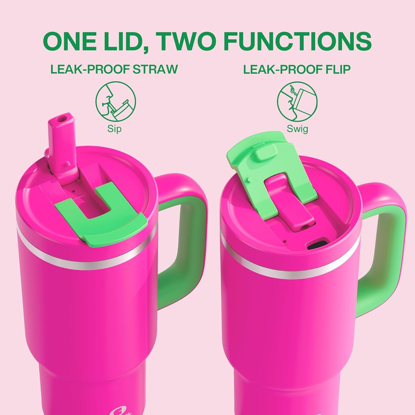 32 oz Tumbler with Handle and Straw: Stainless Steel Insulated Tumbler Keeps Cold for 24 Hours, Leakproof Travel Cup Fits in Cup Holder and BPA-Free,Knockout Pink