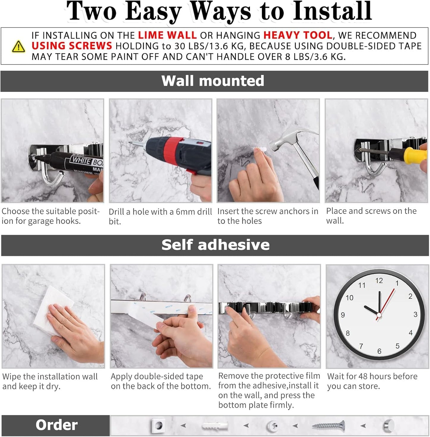 3 Racks and 4 Hooks Broom and Mop Holder Wall Mounted Garage Organizer Storage Tool Racks Stainless Steel Heavy Duty Hooks Self Adhesive Solid Non-slip Wall Hangers for Home Kitchen Garden Laundry