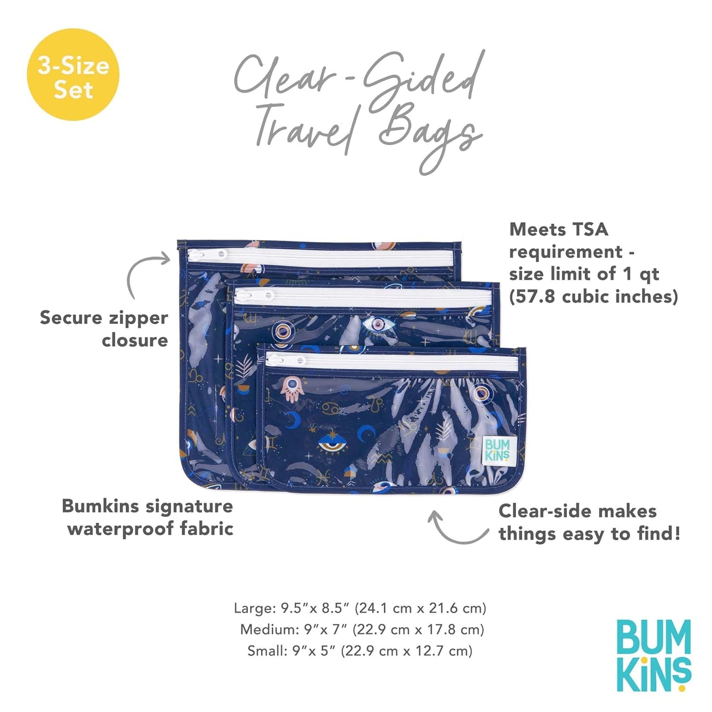 Bumkins Travel Bag, Toiletry, TSA Approved Pouch, Zip Bag, Quart Size Airline Compliant, Clear-Sided, Baby, Diaper Bag Organization, Makeup, Accessories, Carry On Packing, Set of 3 Sizes, Evil Eye