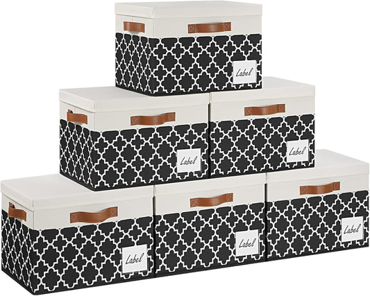 GhvyenntteS 6 Pack Fabric Storage Bins with Lids, Foldable Fabric Storage Boxes with Lids and 3 Handles, Sturdy Closet Organizers and Storage Bins with Label Window for Home (White&Lattice Black)
