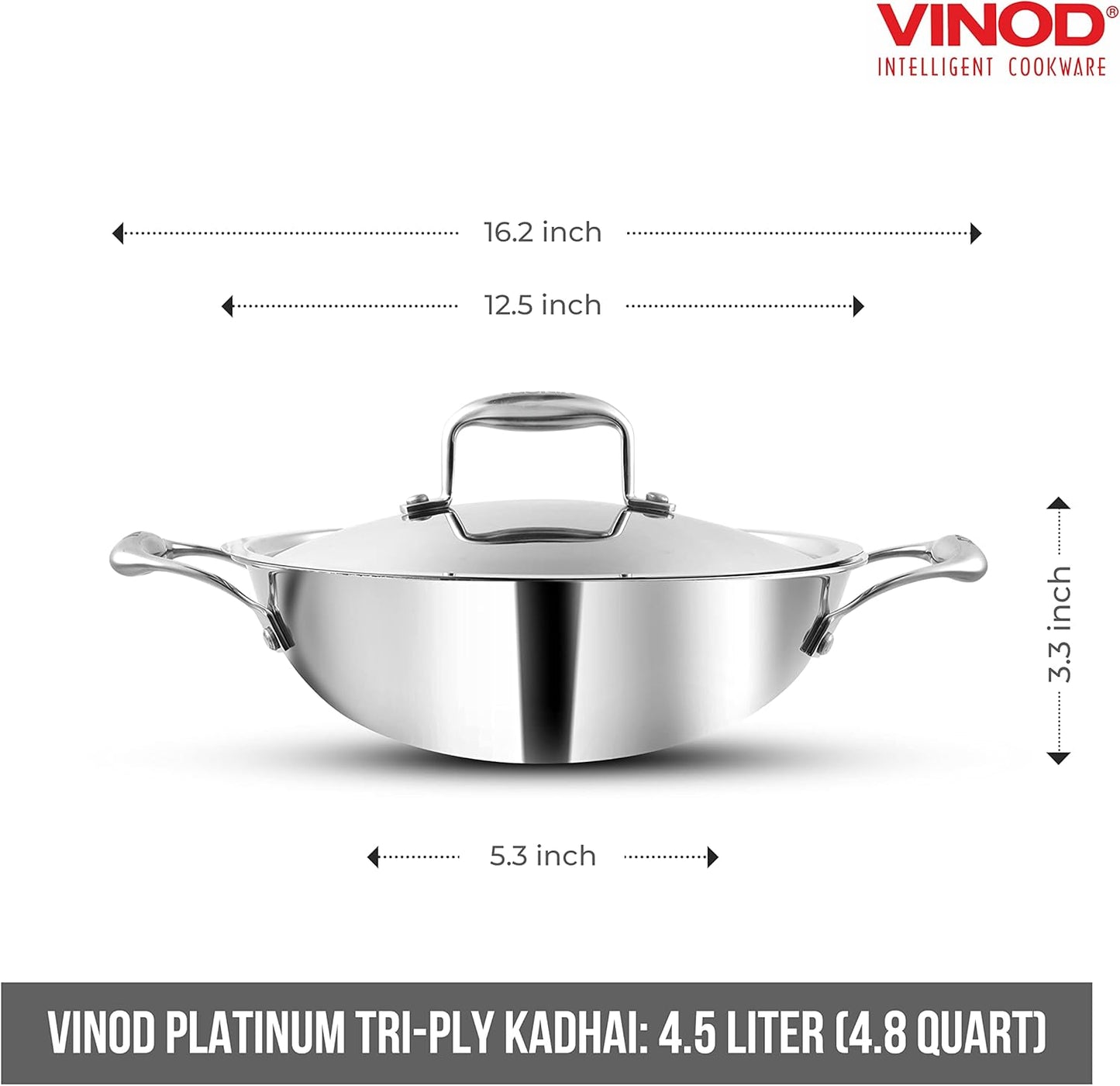 Vinod Platinum Triply Stainless Steel Kadai | Suitable For Indian Cooking, Sauces, Stews, Soups | Extra Deep Kadai With Lid | Induction, Electric Friendly (30cm)