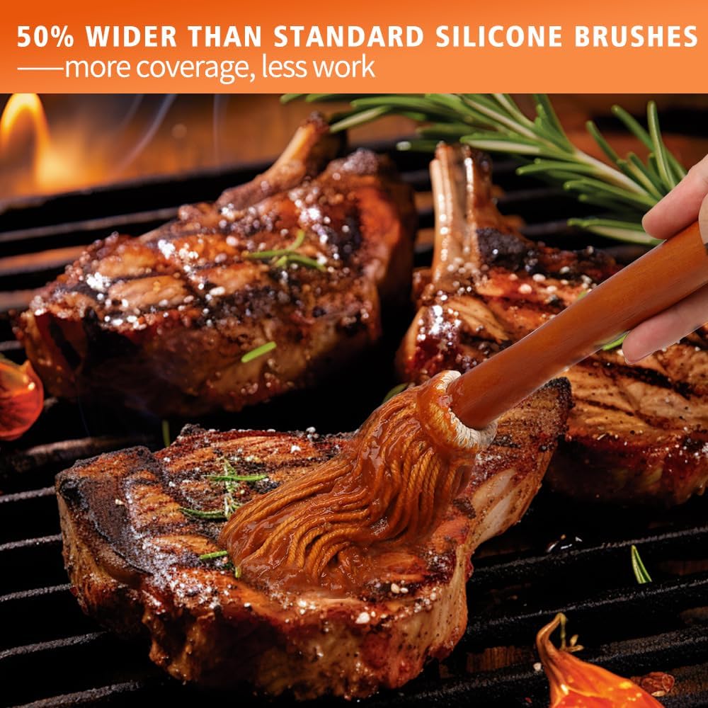 12" BBQ Sauce Basting Mops & Brushes for Roasting or Grilling, Apply Barbeque, Marinade or Glazing, Cotton Fiber Head and Hardwood Handle, Dish Mop Style, Perfect for Cooking or Cleaning - Pack of 3