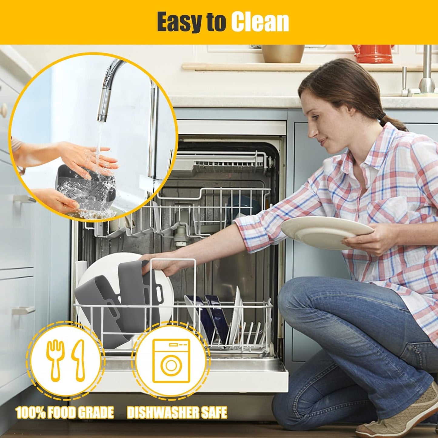 2Pcs Air Fryer Silicone Liners Rectangular for Ninja Foodi Dual DZ201 8QT/DZ090 6QT/Ninja DoubleStack SL201 8QT, MMH Reusable Airfryer Pot Baking Basket | Non-stick | Easy Cleaning | Food Safe | Gray