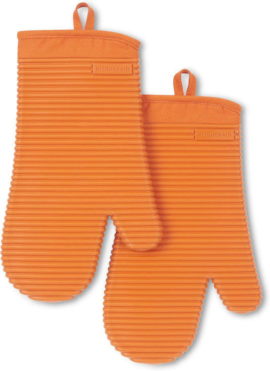 KITCHENAID Ribbed Soft Silicone Oven Mitt 2-Pack Set, 7.5"x13", Honey