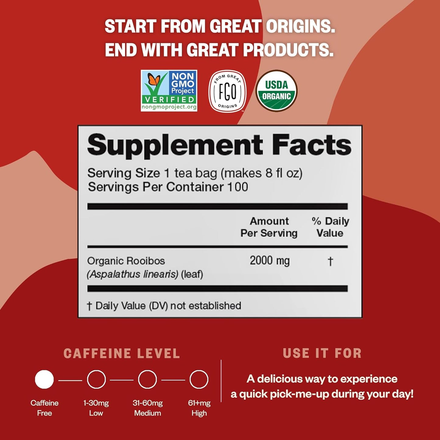 FGO Organic Rooibos Tea, 100 Count, Eco-Conscious Tea Bags, Caffeine Free, Packaging May Vary (Pack of 1)