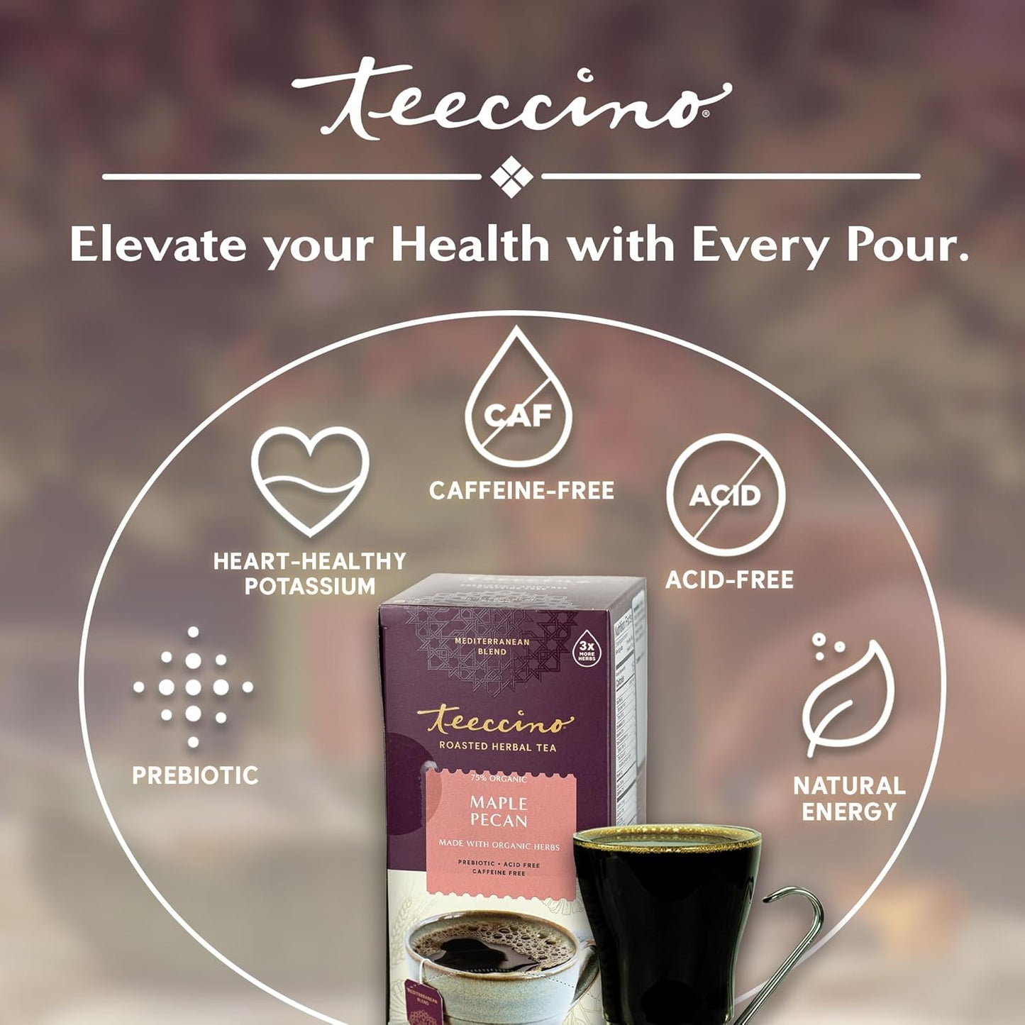 Teeccino Maple Pecan Herbal Tea - Rich & Roasted Herbal Tea That’s Caffeine Free & Prebiotic for Natural Energy, Coffee Alternative, 25 Count