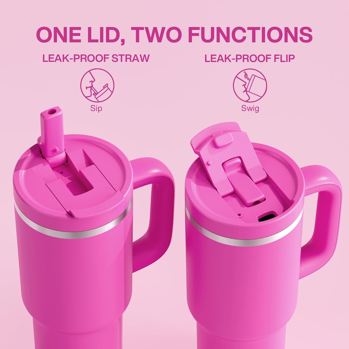 ENCOOL 40 oz Tumbler with Handle and Straw: Stainless Steel Insulated Tumbler Keeps Cold for 24 Hours, Leakproof Travel Cup Fits in Cup Holder and BPA-Free,Persian Rose