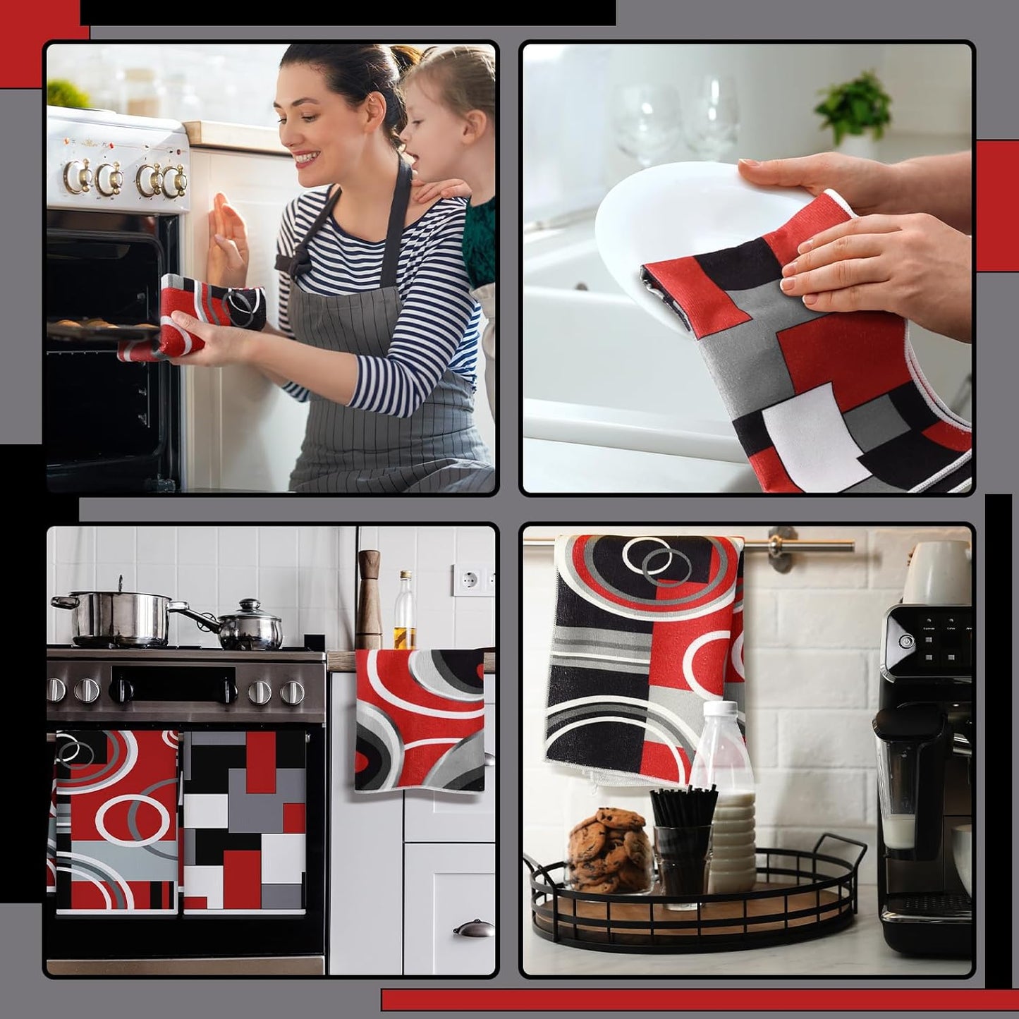 Boyiee Set of 6 Red Black Grey White Kitchen Towels Modern Geometric Dish Hand Towels 24 x 16 Inches Gifts Decorative Tea Cloth Gifts for Farmhouse Kitchen Bathroom Decorations
