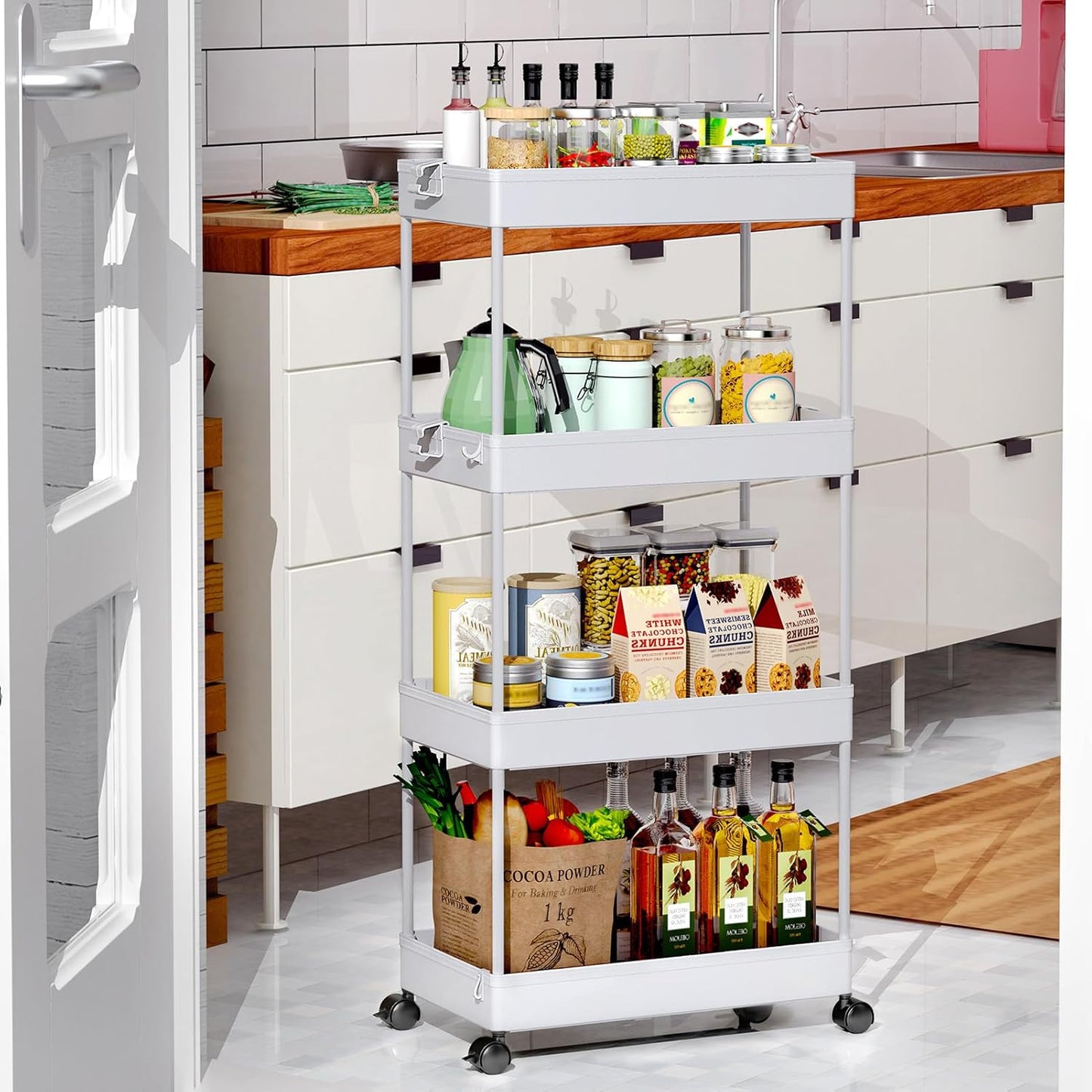 SPACEKEEPER Storage Cart, 4-Tier Mobile Shelving Unit, Bathroom Rolling Cart Utility Storage Organizer Shelf for Kitchen Living Room Bathroom Laundry Room & Dressers, Gray