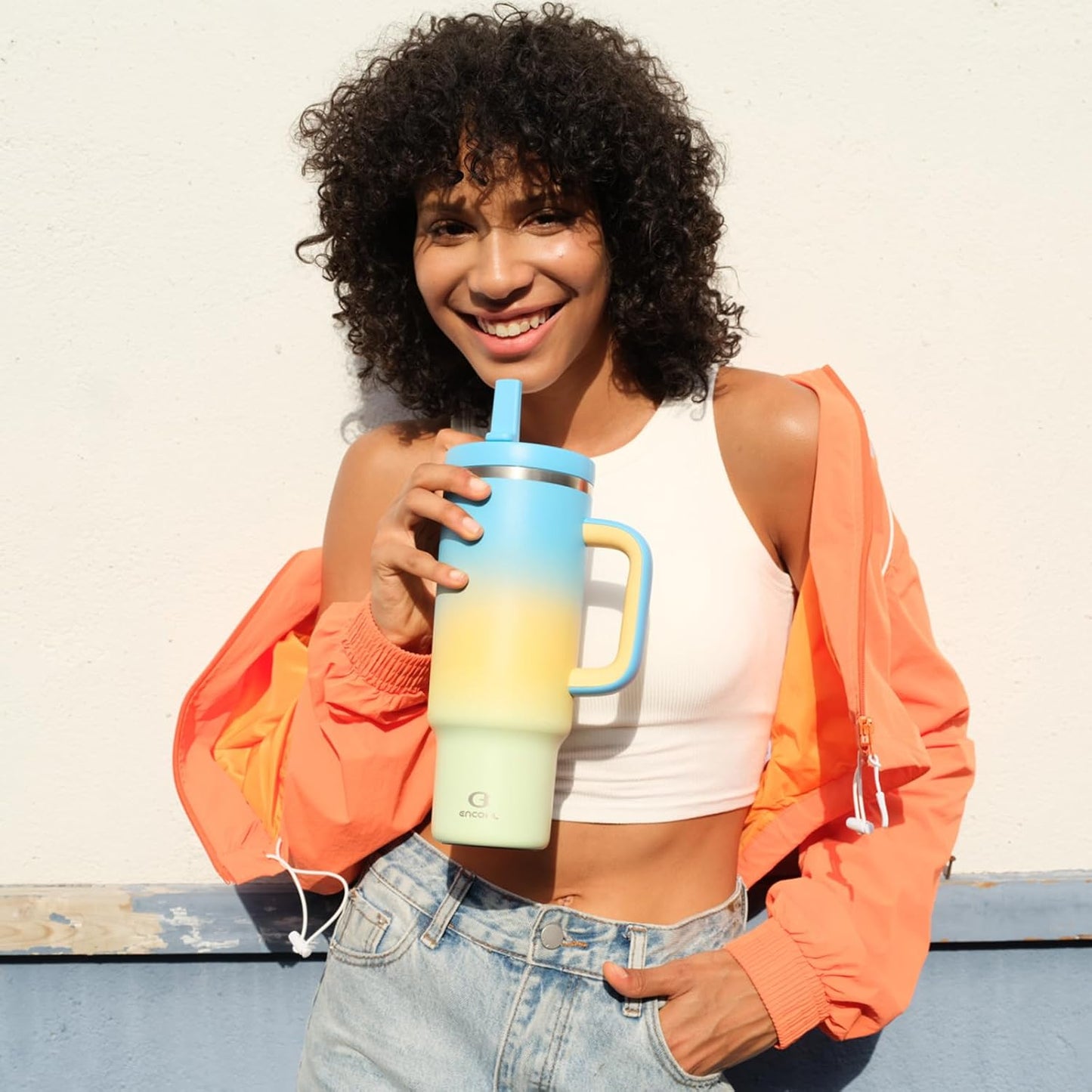 ENCOOL 32 oz Tumbler with Handle and Straw: Stainless Steel Insulated Tumbler Keeps Cold for 24 Hours, Leakproof Travel Cup Fits in Cup Holder and BPA-Free, Sunny Breeze