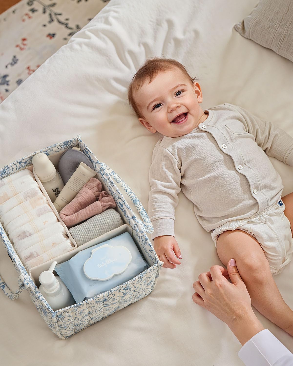 Blissful Diary Floral Diaper Caddy Organizer, Stylish Nursery Storage Basket, Gift for Baby Shower, Baby Registry Must Have, Newborn Essentials, Blue Floral