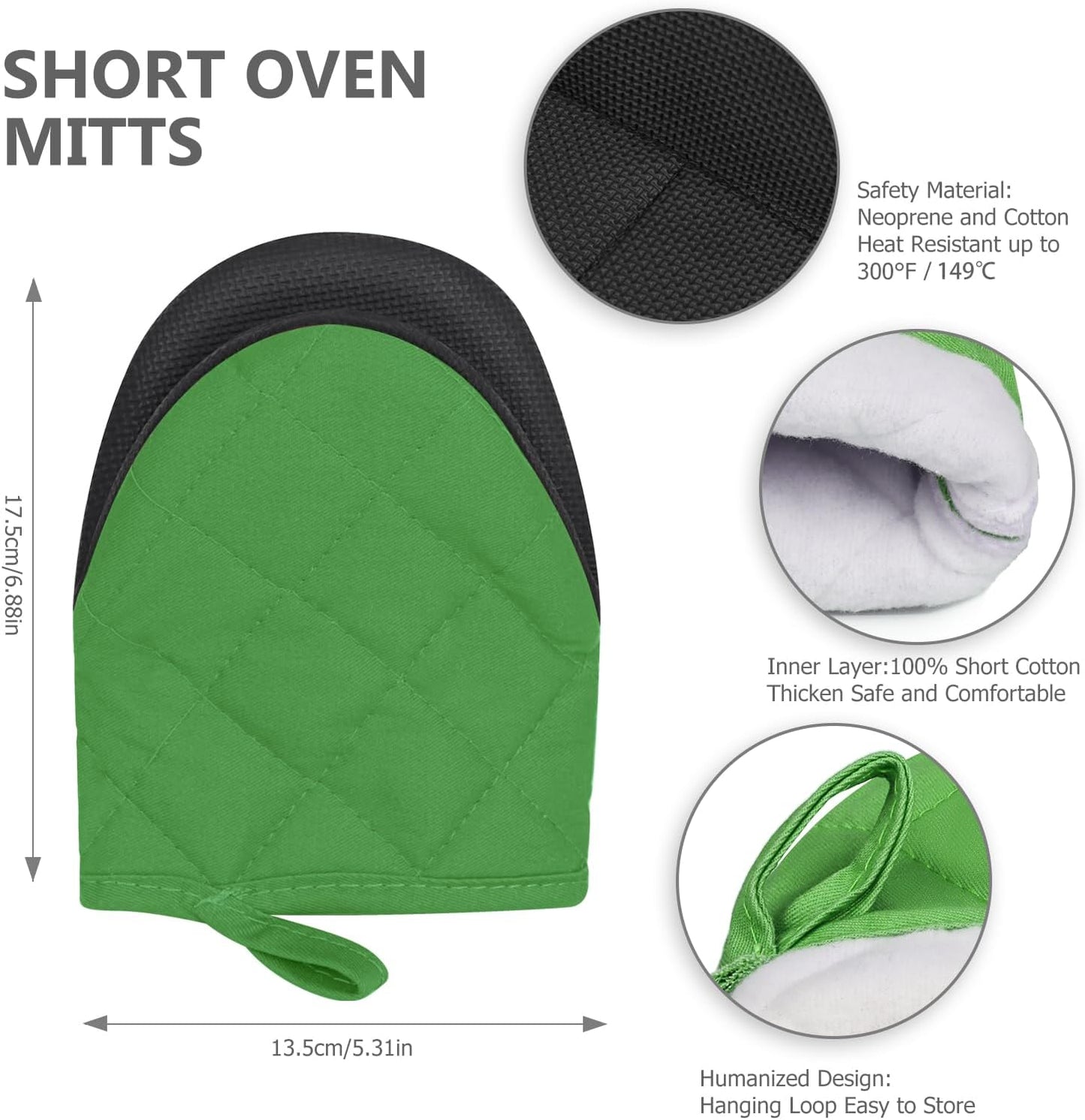 1 Pair Short Oven Mitts - Silicone Kitchen Oven Gloves High Heat Resistant 500℉, Mini Oven Mits with Non-Slip Grip Surfaces and Hanging Loop for BBQ, Baking, Cooking and Grilling (Green)