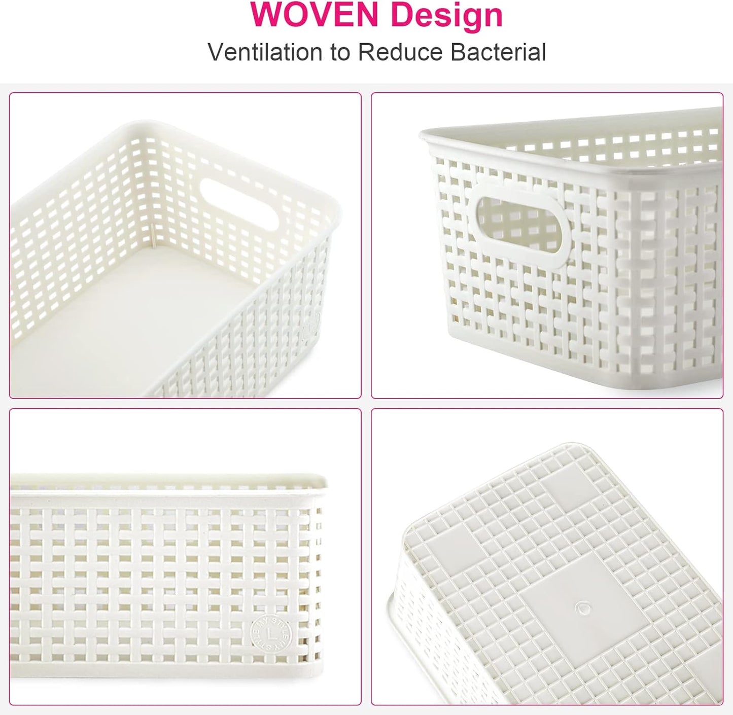 AREYZIN Plastic Storage Baskets With Lid Organizing Container Lidded Knit Storage Organizer Bins for Shelves Drawers Desktop Closet Playroom Classroom Office, White, 6 Pack