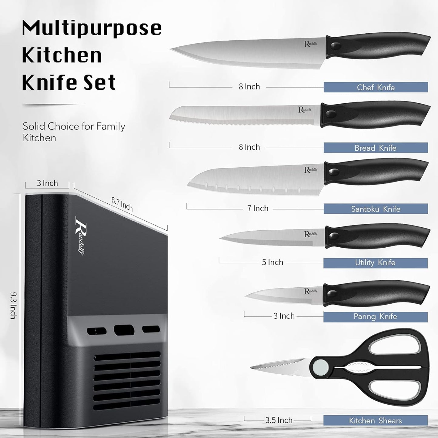 Kitchen Knife Set with Block, 7 Pieces Chef Knife Set with Knives, Scissor, Block for Meat/Vegetables/Fruits Chopping, Slicing, Dicing&Cutting