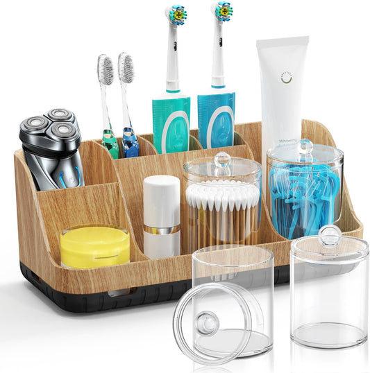 Bathroom Toothbrush Holder Set with 2 Pack Qtip Holder Dispenser - 7 Slots Kids Bathroom Accessory Sets with Drainage, Q Tip Holder for Bathroom Sink Counter Accessories Set