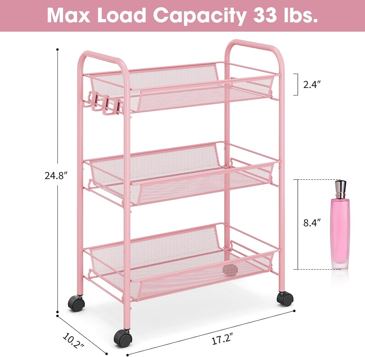 TOOLF 3 Tier Rolling Utility Cart - Durable Metal Design Pink Utility Cart, Storage Trolley on Wheels with 3 Hooks, Perfect for Kitchen, Bathroom & Laundry Room Organization