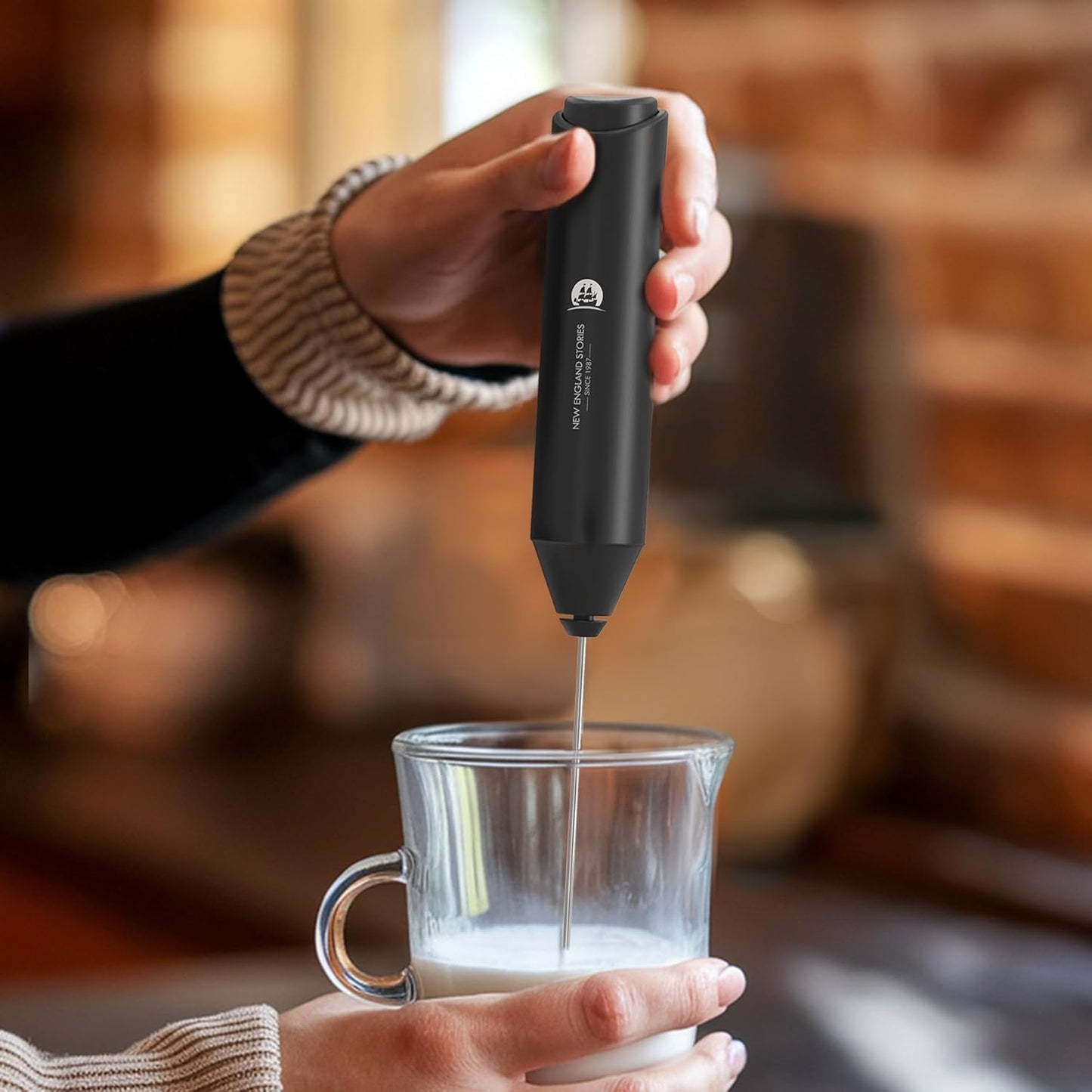 Milk Frother with Stand (Battery Included), Handheld Battery Operated Electric Foam Maker with Stainless Steel Whisk for Coffee, Latte, Cappuccino, Hot Chocolate