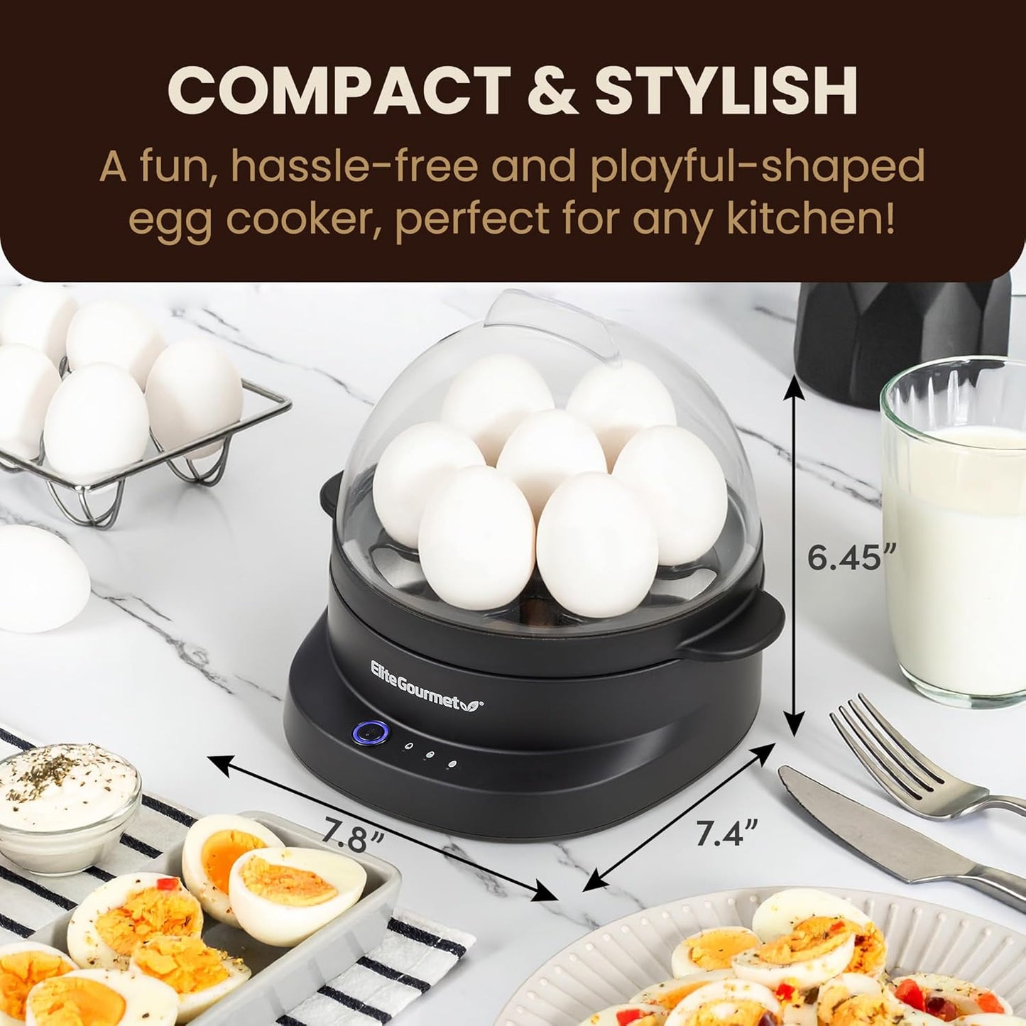 Elite Gourmet EGC587 EGGSYNC™ Voice Alerts Easy Egg Cooker, 7-Egg Capacity, Soft, Medium, Hard-Boiled Settings, Measuring Cup with Piercing Pin, Auto Shut-Off, BPA-Free