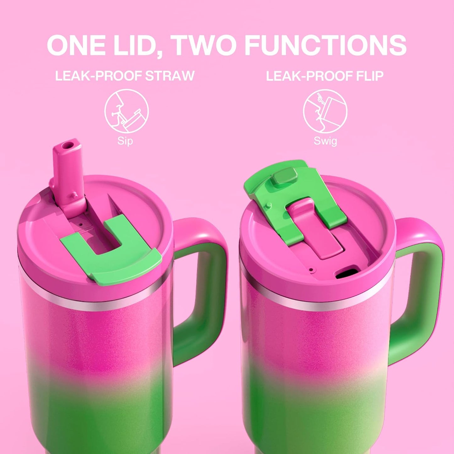 40 oz Tumbler with Handle and Straw: Stainless Steel Insulated Tumbler Keeps Cold for 24 Hours, Leakproof Travel Cup Fits in Cup Holder and BPA-Free, Fuchsia