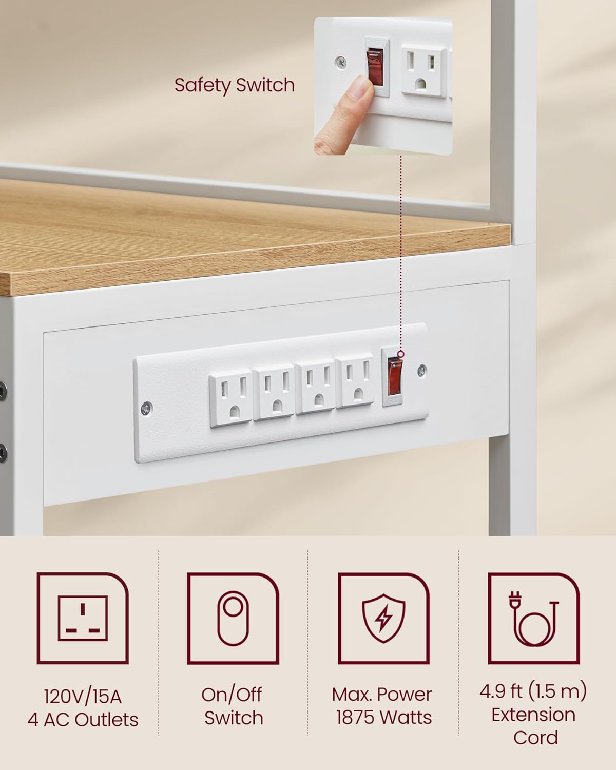 VASAGLE Bakers Rack with Power Outlet, 35.4 Inches Microwave Stand, Coffee Bar, 4 AC Outlets, with Adjustable Shelves, 8 S-Hooks, Basket, Spice Racks, Golden Oak and Cloud White UKKS031Y09