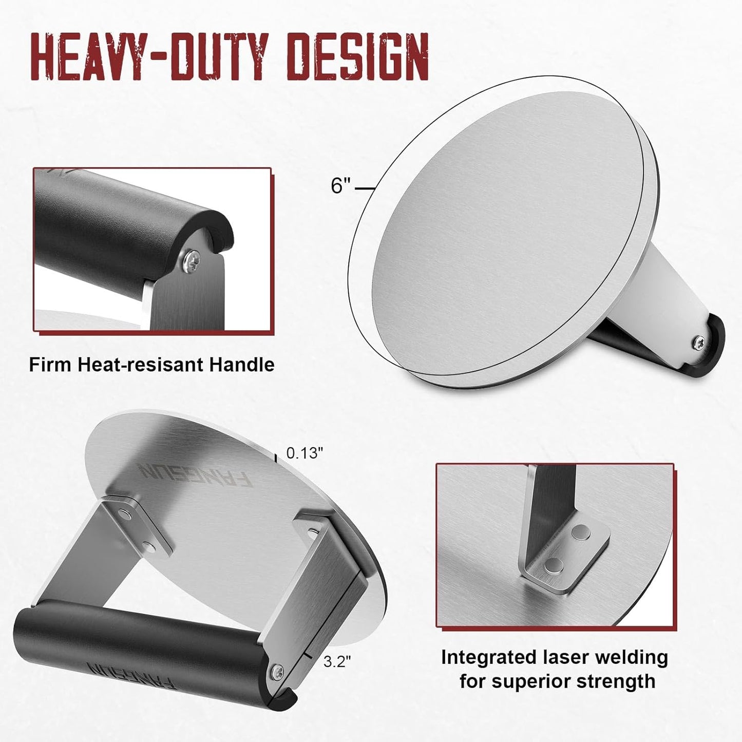 FANGSUN Smashed Burger Press, Burger Smasher for Griddle, Heavy-duty Stainless Steel Hamburger Press with Heat-resistant Handle, Non Stick Bacon Press, 6-Inch Grill Meat Press, Griddle Accessories Kit