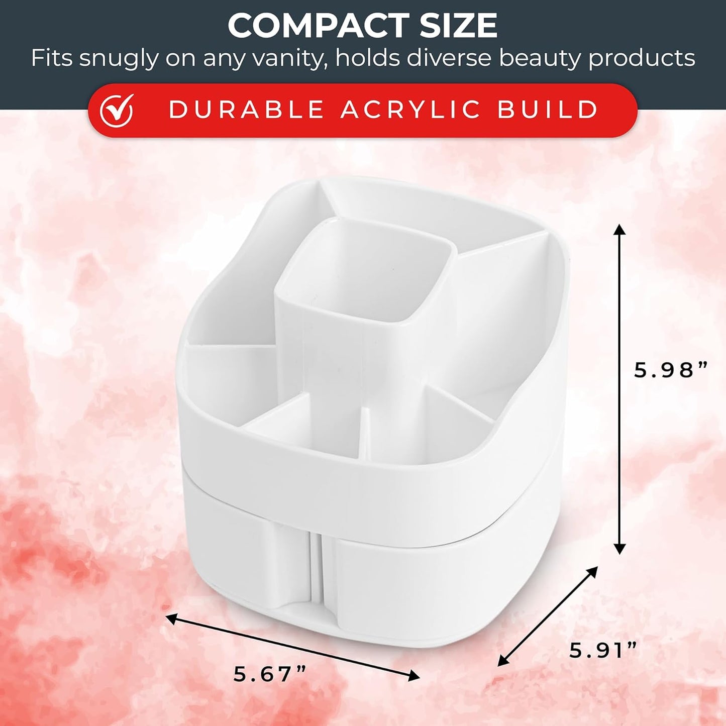 Masirs Small Rotating Makeup Organizer - Mini Yet Spacious Cosmetic Storage Solution with Multiple Compartments - The Perfect Spinning Make-Up Caddy for Vanity or Bathroom Counter (Square - White)