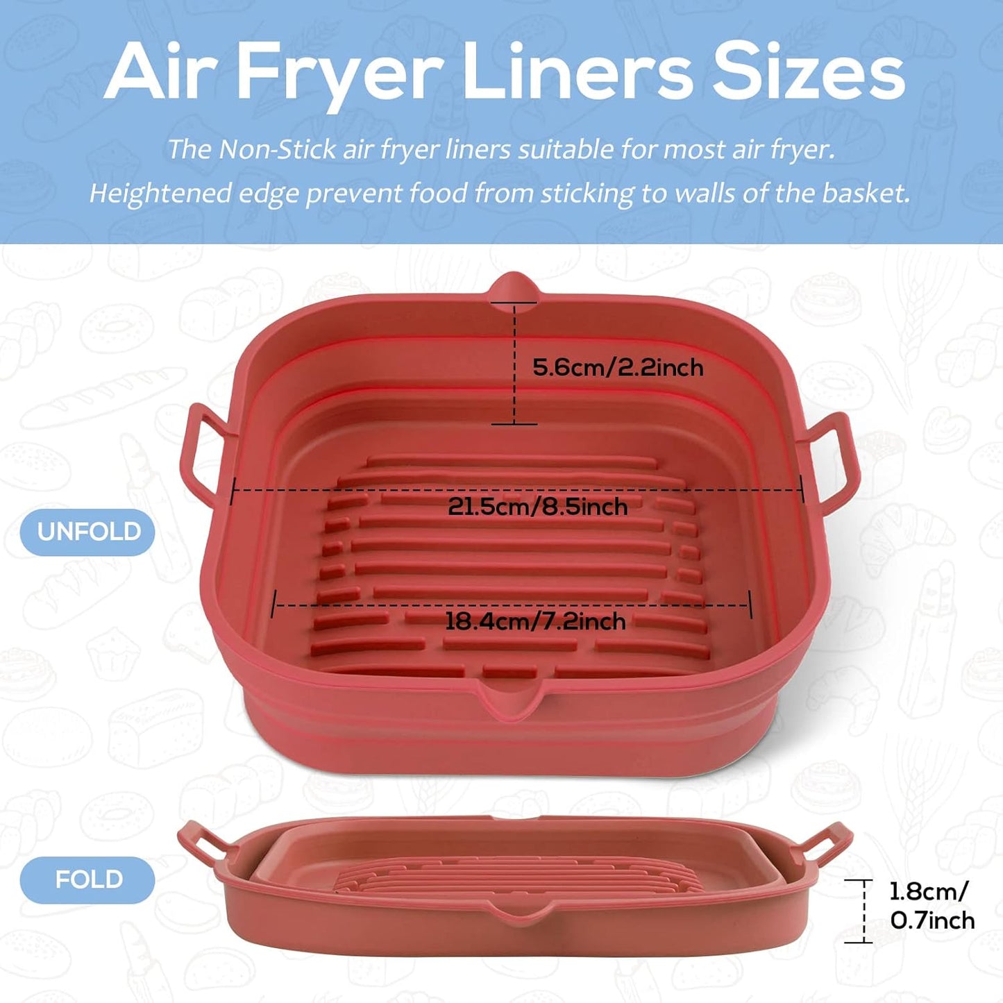 [2 Pack] Silicone Air Fryer Liners Square - Reusable Airfryer Silicone Basket - Easy to Clean Air Fryers Silicone Pot for 5.8 to 8 Qt Large Air Fryer Baking Tray Oven Accessories, 8.5 Inch