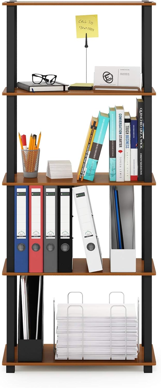 Furinno Turn-N-Tube 5-Tier Multipurpose Shelf / Display Rack / Storage Shelf / Bookshelf, Square Tubes, Light Cherry/Black