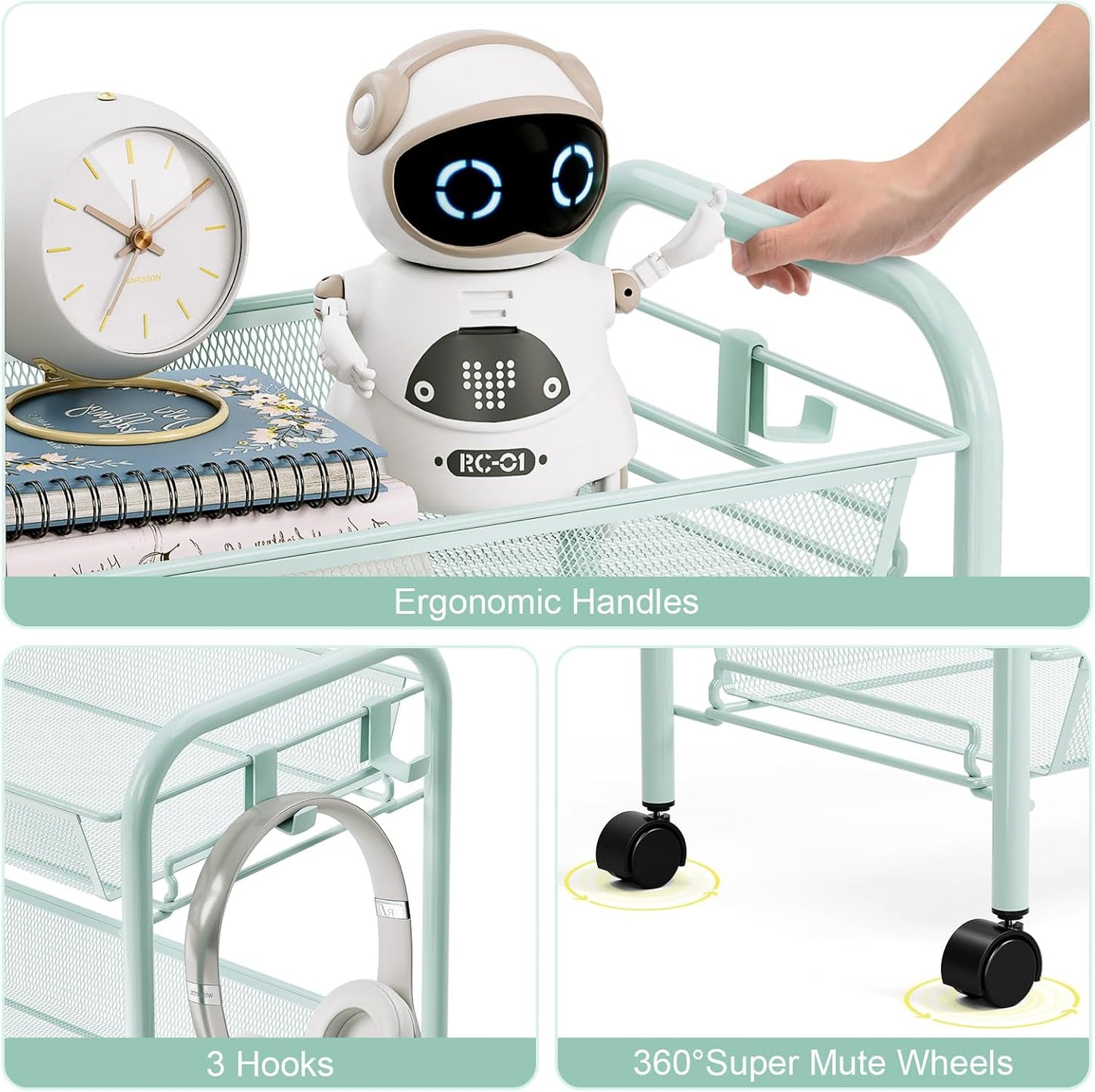 TOOLF 4-Tier Rolling Cart, Metal Utility Cart with 3 Hooks, Easy Assemble Mobile Storage Trolley On Wheels, Metal Shelving Units Kitchen Bathroom Laundry Room