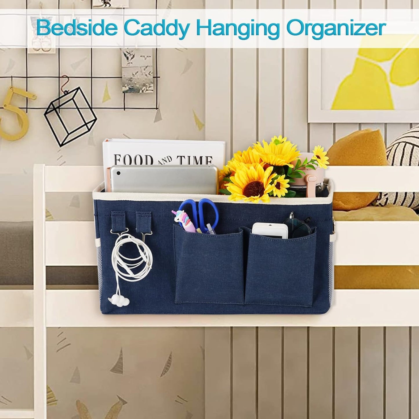 Loghot Bedside Caddy/Bedside Storage Bag Hanging Organizer for Bunk and Hospital Beds,Dorm Rooms Bed Rails,Can be Placed Glasses,Books,Mobile Phones,Keys (2pc Navy Blue)