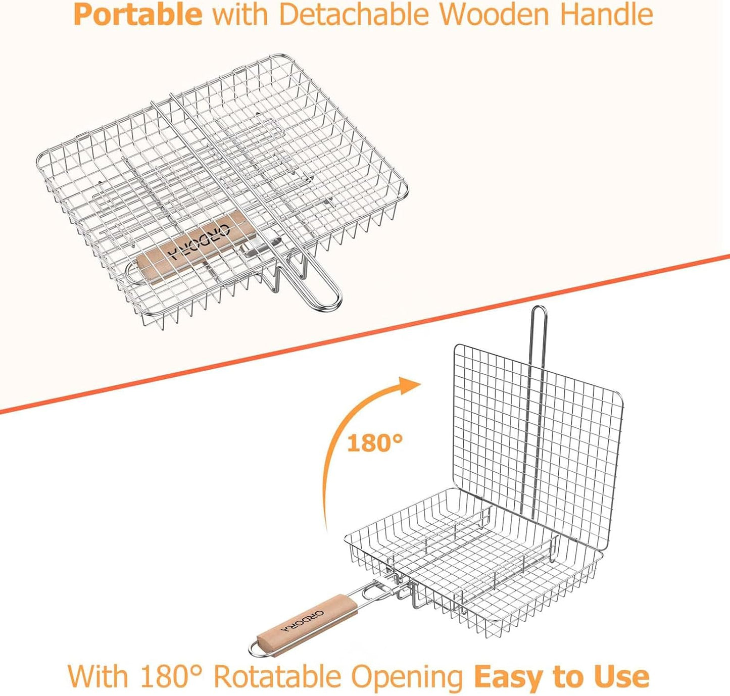 ORDORA Grill Basket, Fish Grill Basket, Rustproof Stainless Steel BBQ Grilling Basket for Meat,Steak etc, Grill Accessories,Grilling Gifts for Men Dad