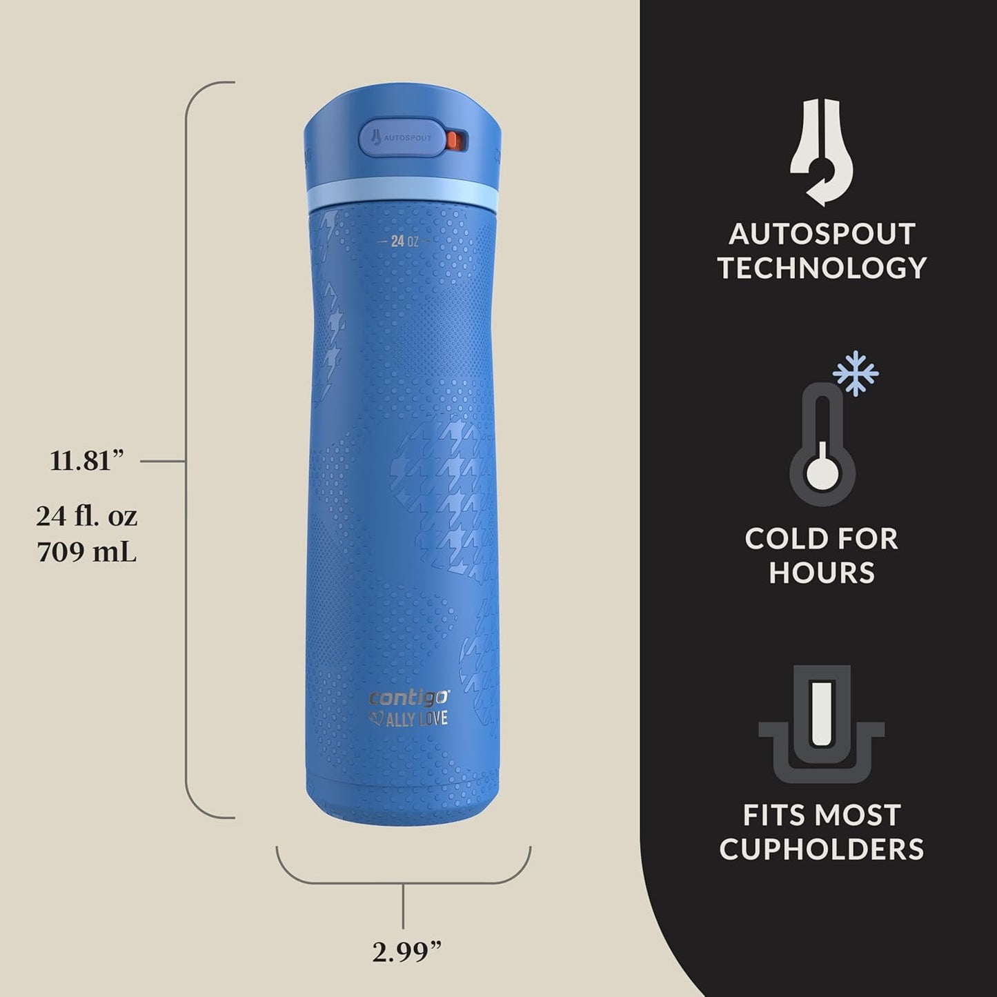 Contigo x Ally Love Ashland Chill 2.0, Stainless Steel, Spill Proof Water Bottle with AutoPop Easy Lean Lid, BPA Free, 24oz, Stellar Jay