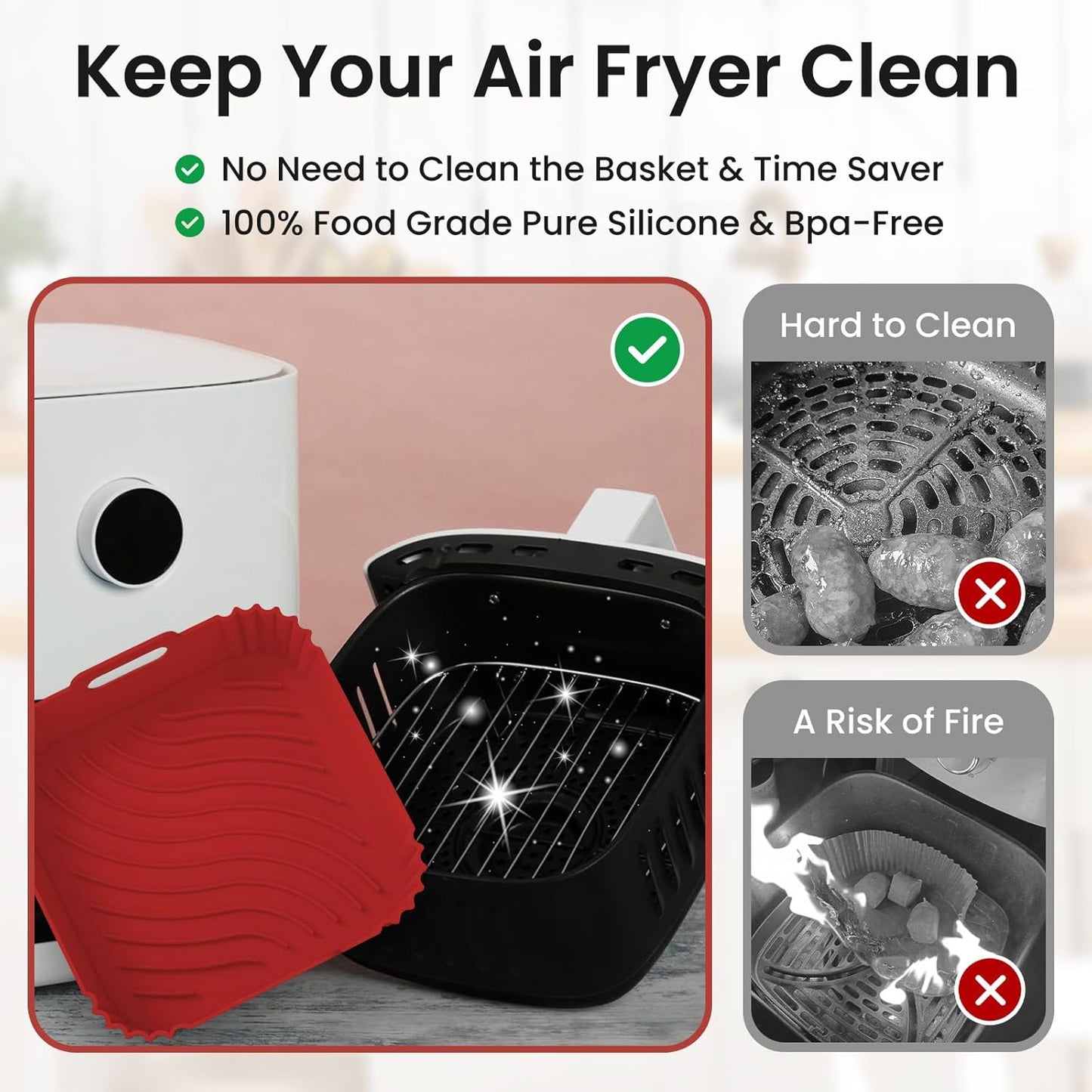 Redfly 2 Pack Silicone Air Fryer Liners, Square Reusable Non-Stick Basket Inserts for 4-5 QT Air Fryers, Dishwasher Safe Parchment Paper Replacement Accessories Red&Blue