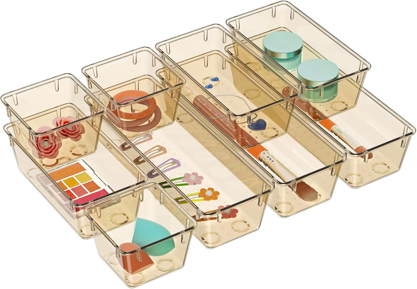 WOWBOX 12 Pack Clear Drawer Organizer Set, Acrylic Drawer Storage Trays, Storage Bins for Makeup, Cosmetics, Jewelries, Utensils, Gadgets, Office, Champagne