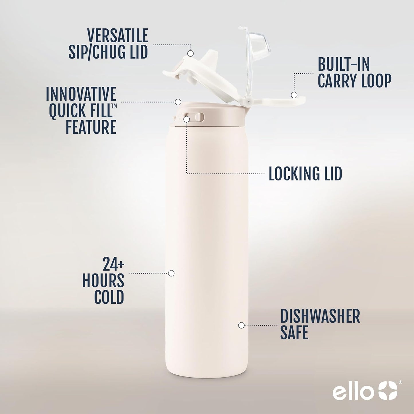 Ello Pop & Fill Stainless Steel Water Bottle with Quick Fill Technology, Double Walled Vacuum Insulated Metal, Leak Proof Locking Lid, Sip & Chug, BPA Free, Holiday Gift for Him Her, 22oz, 32oz, 40oz