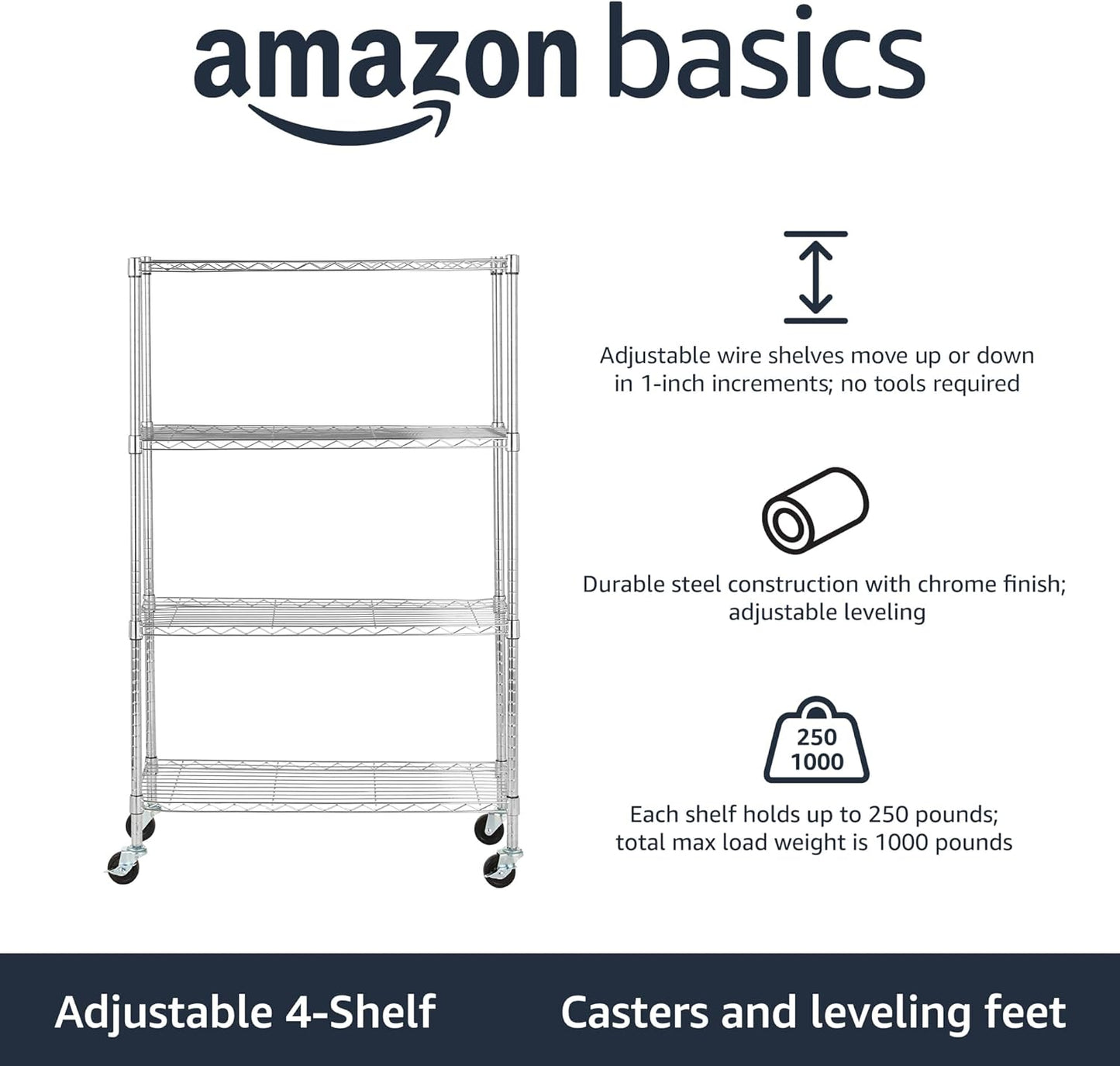 Amazon Basics 4-Shelf Adjustable, Heavy Duty Storage Shelving Unit with Wheels for Easy Assembly, for Garage or Kitchen Use, Metal Organizer Wire Rack, 36" L x 14" W x 57.8" H, Chrome