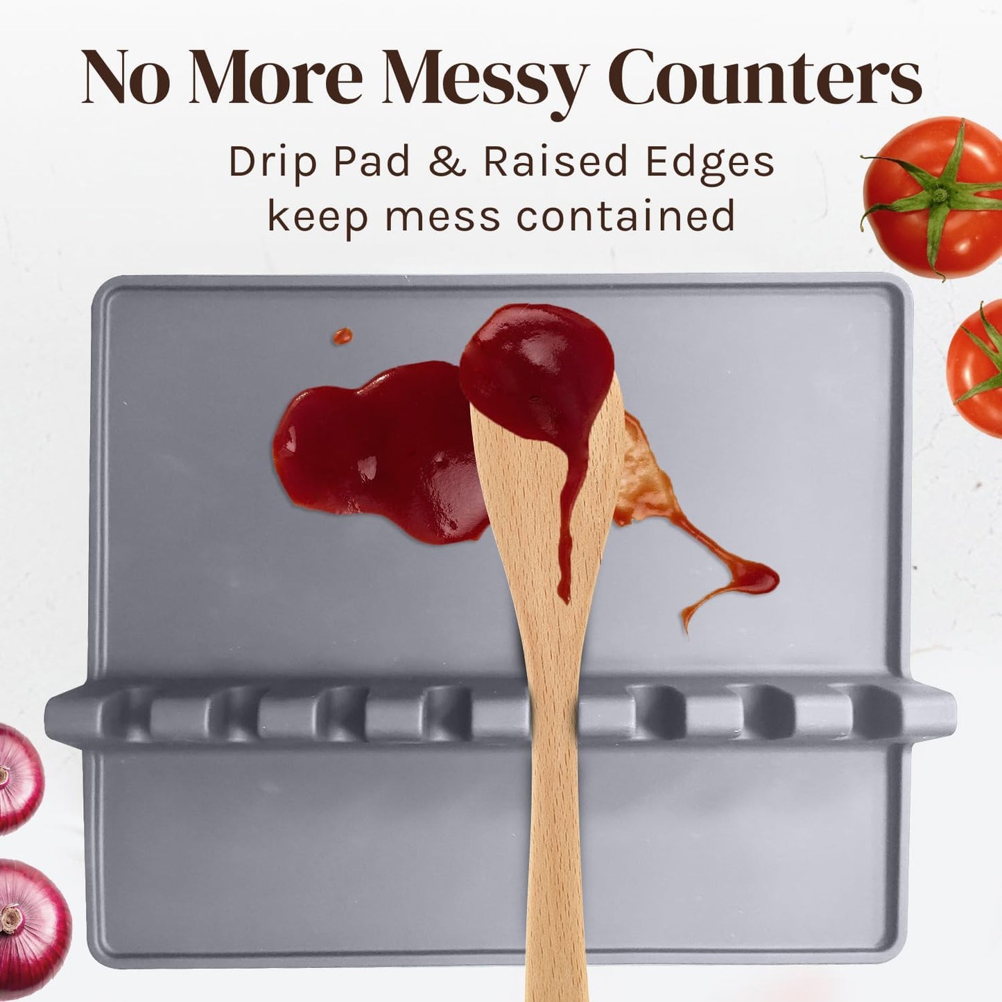 Gray Silicone Spoon Rest for Stove Top with Drip Pad (1 Pack) - Extra Large Heat-Resistant, BPA-Free Utensil Rest for Kitchen Counter - Utensil Holder for Spatulas, Tongs, Ladles and Kitchen Gadgets