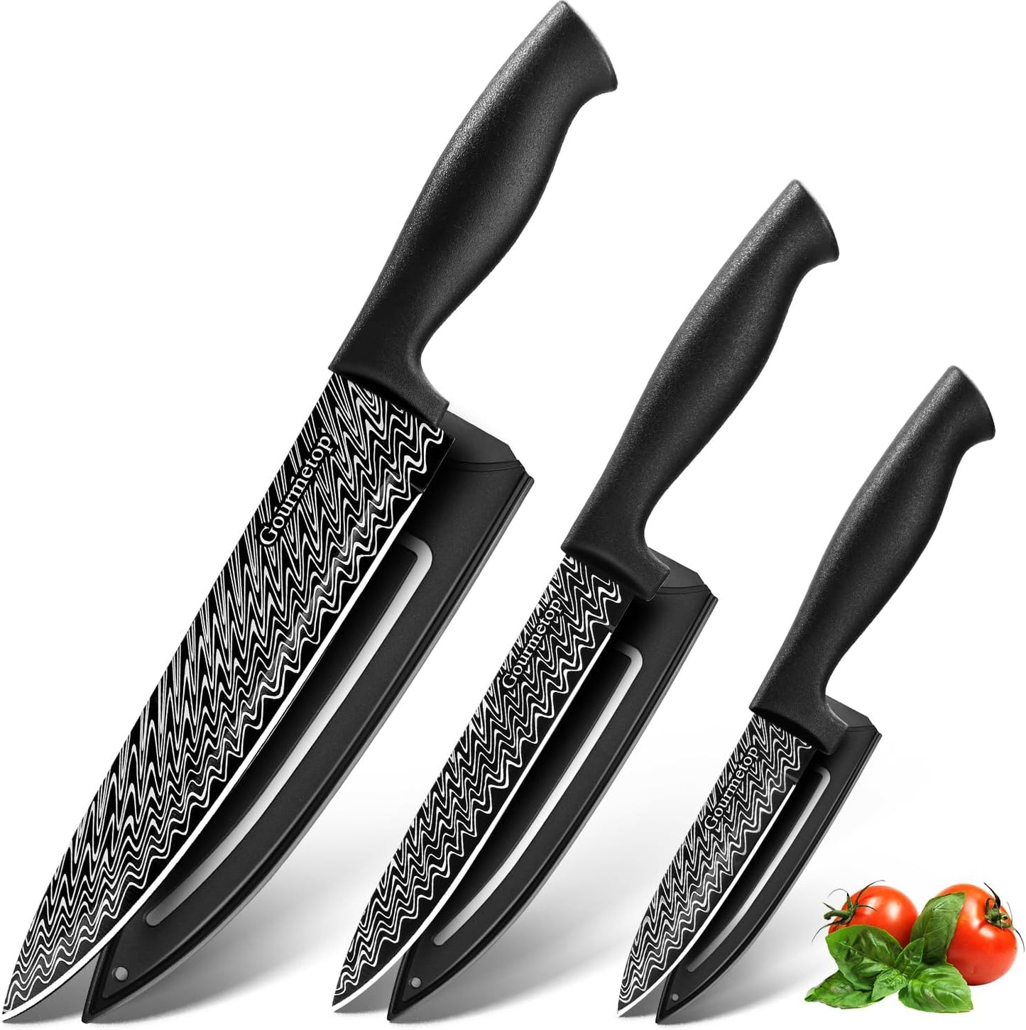 Kitchen Knife Set with Cover 3 Pcs, Black Chef Knife Set for Cooking, Sharp Kitchen Knives with Sheath, 8'' Chef Knife, 5'' Utility, 3.5'' Paring, Damascus Pattern Kitchen Knife for Cutting