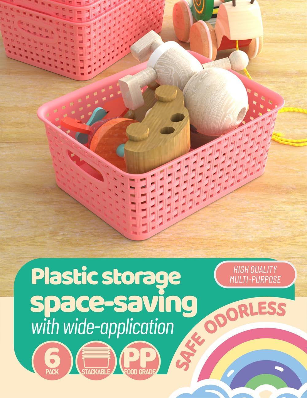 WYT 6-Pack Plastic Small Shelf Storage Weave Baskets Organizing for Cabinets and Pantries, Pink