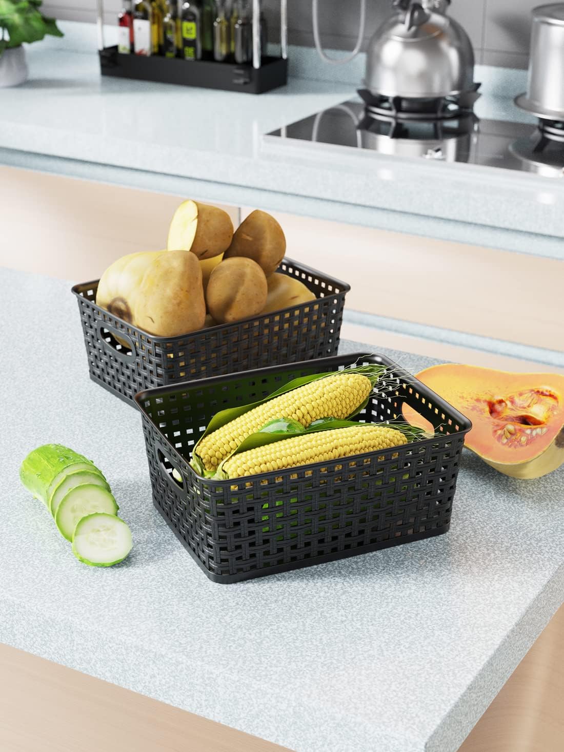 WYT Woven Storage Organizer Basket, 6-Pack Black Plastic Weave Baskets, 10.1 x 7.55 x 4.1