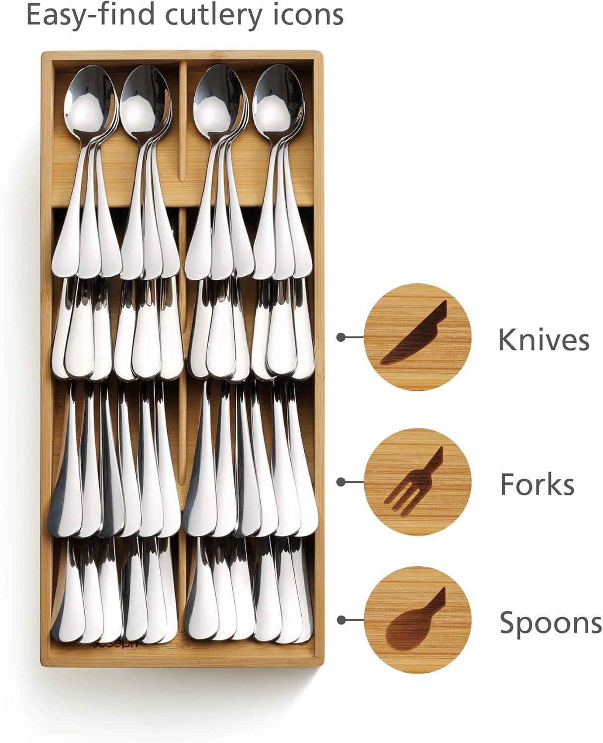 Joseph Joseph Drawer Store Large Compact Flatware, Silverware, Cutlery Drawer Organizer, 8 compartments, Holds 48 Pieces, Bamboo