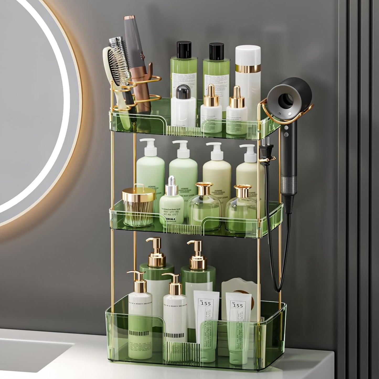3 Tier Glam Bathroom Counter Organizer with Hair Dryer Holder, Cosmetics & Skincare Shelf, Makeup Organizer, Perfume Tray (Green)